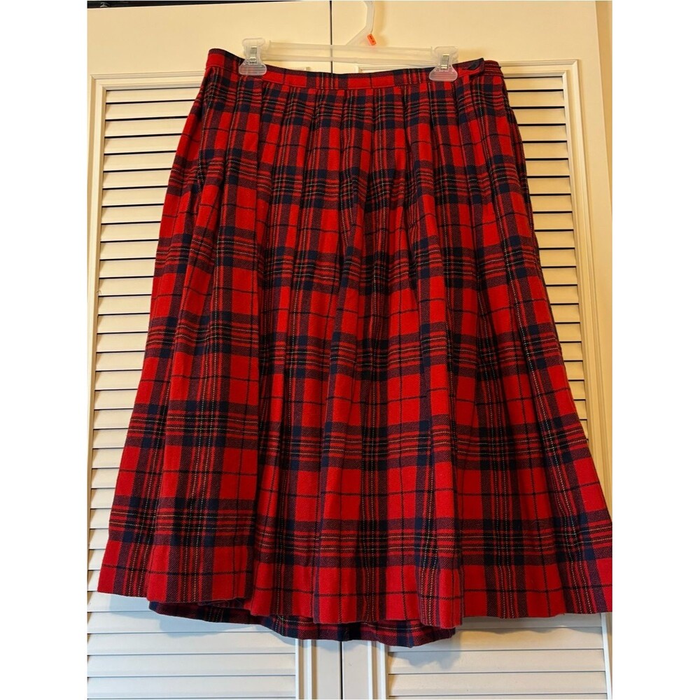 Vintage Pendleton Authentic Red Leslie Tartan Plaid Wool Pleated Midi Skirt